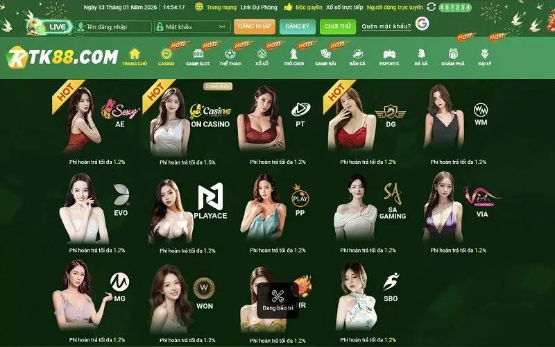Các sảnh game casino tại TK88